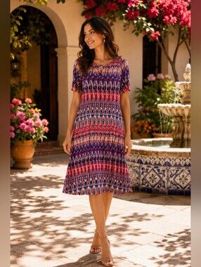 Chico's Pink, Red Blue Short Sleeve Aztec Print Midi Dress NWOT Size 0 Petite